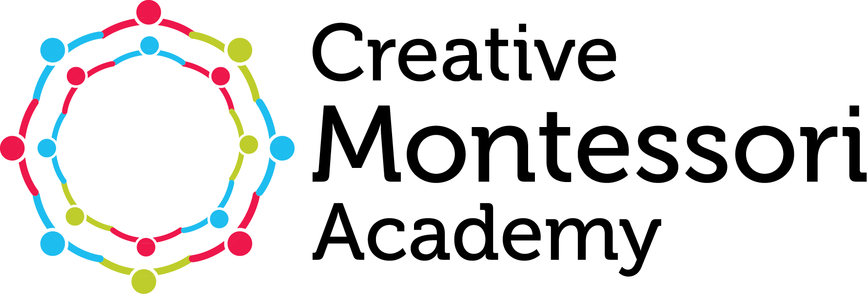 Creative Montessori Academy logo featuring colorful dots symbolizing creativity and collaboration in education.